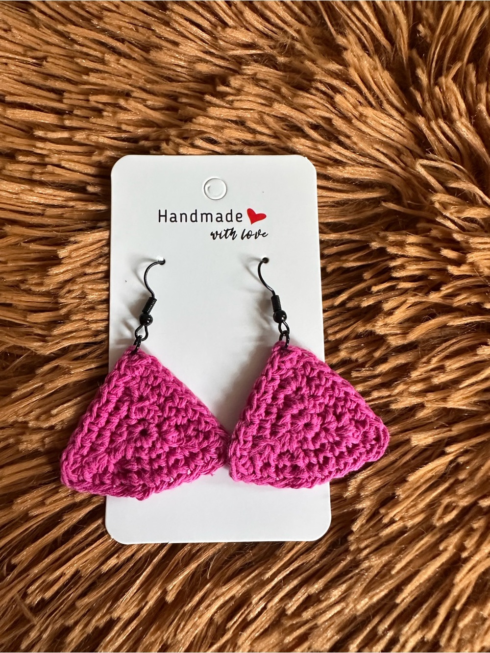 Pink Crochet Triangle Earrings -